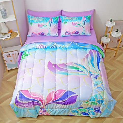 Image of Purple Mermaid Queen Bedding - Kids Comforter Sets for Girls, 7-Piece Soft Set with Matching Sheets and Pillow Sham