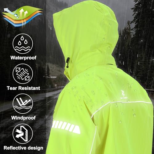 Burjosy Regenanzug Herren, Wasserdicht Regenjacke Regenhose, Packbare Leicht Reflektierende Windjacke mit Kapuze, Atmungsaktiv Fahrrad Regenmantel für Outdoor Wandern Camping