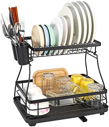 Vinsani Black Dish Drainer Rack 2-Tier Modern Detachable Drying Rack with Auto Drainage System Drip Tray Board Removable Cutlery Holder, Minimalist Dish Draining Rack for Kitchen Sink Countertop