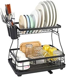 Vinsani Black Dish Drainer Rack 2-Tier Modern Detachable Drying Rack with Auto Drainage System Drip Tray Board Removable Cutlery Holder, Minimalist Dish Draining Rack for Kitchen Sink Countertop