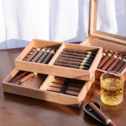 Image of Woho 2pcs Spanish Cedar Cigar Tray with Adjustable Divider & 12 Count Sheets, Open Cedar Cigar Trays with Scent for Cigar Organization /Storage /Aging, Cigar Tray for Large Cigar Humidor (12 inchX7 inchX1.57 inch)