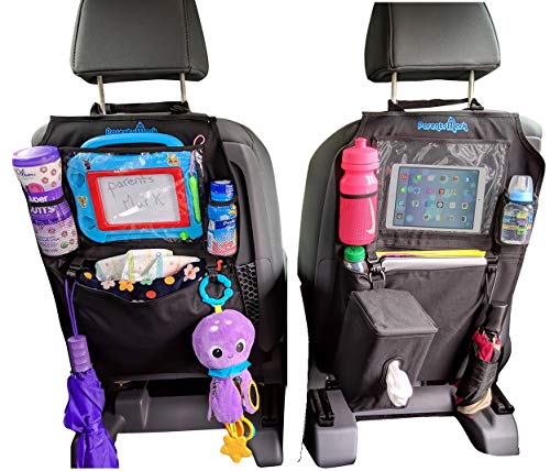 Car Kick Mats Backseat Organizer by Parents Mark - 2 Pack Waterproof Universal Fit Protector - Storage Kicking Mat with Tissue Box - Multiple Pockets, Ipad and Tablet Holder for Toddler Kids Baby