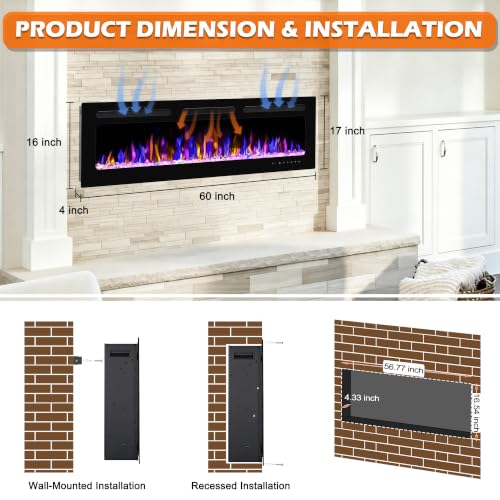 Image of BETELNUT 60 inch Electric Fireplace Wall Mounted and Recessed with Remote Control, 750 /1500W Ultra-Thin Wall Fireplace Heater W /Timer Adjustable Flame Color and Brightness, Log Set & Crystal Options