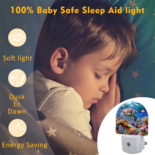 Image of Sea Turtle in Coral Reefs Night Light, Underwater World Marine Fish Corals Dusk to Dawn Night Light Plug in,0.5w Energy Saving Sleep Friendly NightLight for Kids Boys Girls Home Decor
