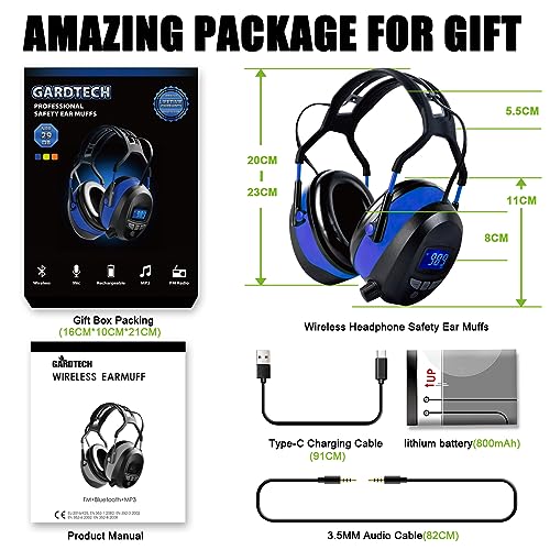 Image of Gardtech Hearing Protection with Bluetooth, FM Radio Earmuffs, NRR 29dB Hearing Protection Headphones Noise Cancelling Headphones with MP3 for Mowing Lawn Work, Rechargeable BL-5B Battery (Blue)