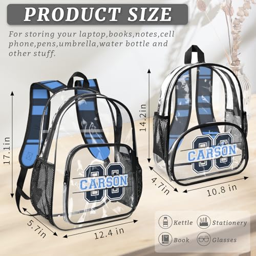 Personalized Clear Backpack with Name, Custom Heavy Duty PVC Transparent Backpack,Sports Number See Through Back Pack with Reinforced Strap for Stadium Approved Events Blue3