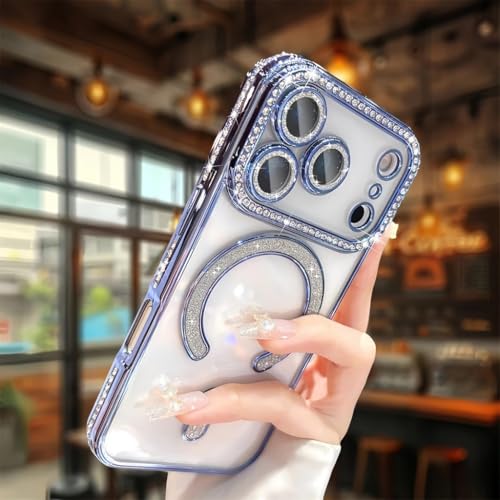 Image of for iPhone 17 Pro Max Magnetic Glitter Case,Luxury Bling Rhinestone Diamond Plated Bumper Case Sparkle Camera Lens Protection Clear Cover for iPhone 17 Pro Max (Blue)