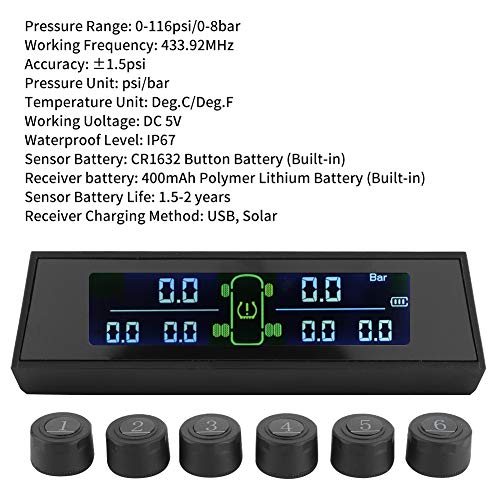 aqxreight Bandenspanningscontrole, TPMS Bandenspanningscontrolesysteem Detector op zonne-energie met LCD 6 Externe… - Image 4