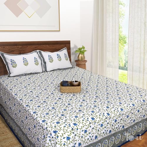 Image of TOAI Bedsheet for Double Bed King Size 108 inch x 108 inch |100% Pure Cotton 210TC | Hand Block Printed Jaipuri Bedsheet | 2 Reversible Pillow Covers 18 inchx27 inch |White Blue Florals