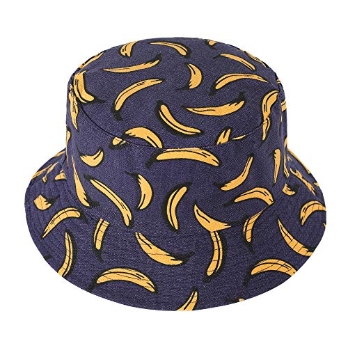 ZLYC Mujer Hombre Sombrero Pescador Fruta Sombrero del Cubo Algodón Gorro de Pescador(Plátano, Azul Marino),Talla única