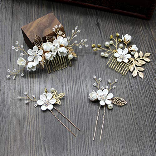 Peignes à cheveux de mariage blancs avec strass et cristaux fleuris x4