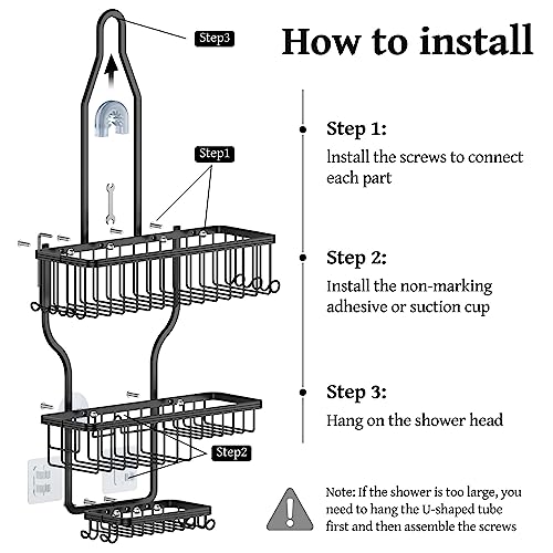 YASONIC Shower Caddy Hanging - Never Rust Shower Organizer - Aluminum over The shower head caddy with 10 Hooks for Razor/Sponge - Shower Rack with Soap Basket - Black