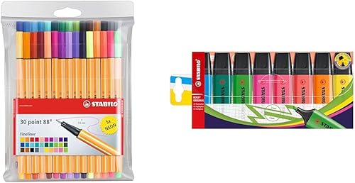 STABILO Point 88 Fineliner Pens, 0.4 mm - 30-Color Set & Highlighter BOSS ORIGINAL - Wallet of 8 - Assorted Colors