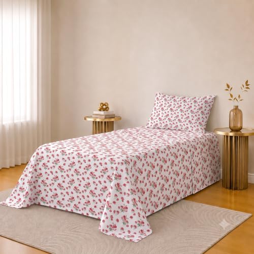 Image of IVAZA 220 TC Soft Ezyption Cotton Floral Single Bed Sheet - Single bedsheet with 1 Pillow Cover Hypoallergenic, Brethable, (Size- 90 x 60 Inch Red White