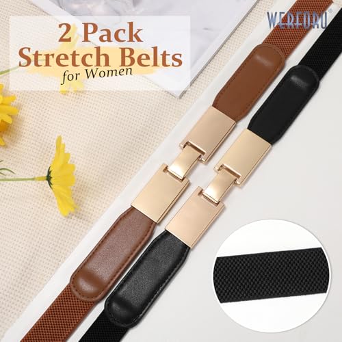 WERFORU 2 Pack Women Skinny Elastic Waist Belt Gold Silver Buckle Stretchy Thin Belt for Jeans Dress 0.98" Width4