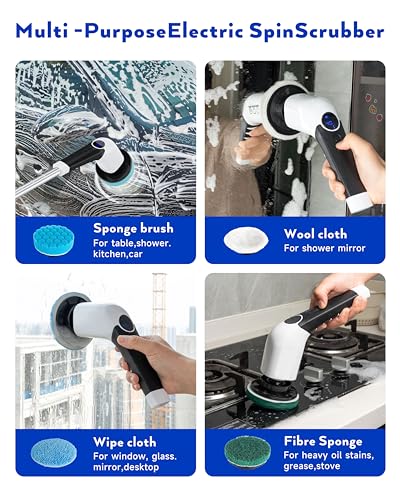 Image of Electric Spin Scrubber, 3-Speed Cordless Shower Scrubber with 8 Replaceable Brush Heads, Long Adjustable Handle for Bathroom, Tub & More