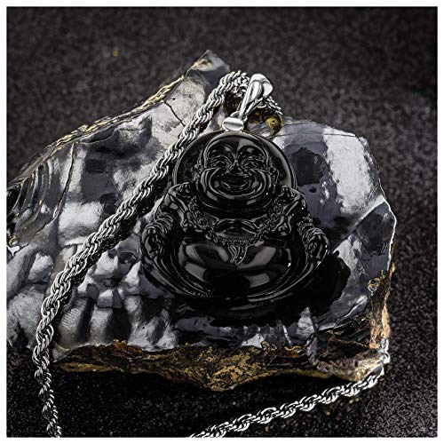 Laughing Buddha Black Jade Pendant Necklace Rope Chain Genuine Certified Grade A Jadeite Jade Hand Crafted, Jade Necklace, 14k White Gold Finish Silver Laughing Jade Buddha necklace2