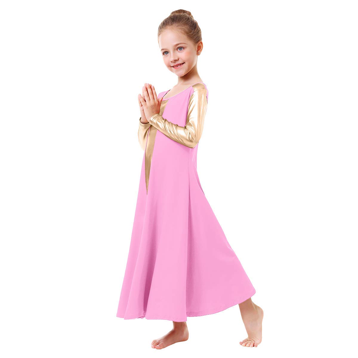 IBAKOM Girls Metallic Gold Color Block Liturgical Praise Dance Dress Loose Fit Full Length Ruffle Tunic Skirt Worship Costume Dancewear Celebration of Spirit Costume Pink-Gold 13-14 Years