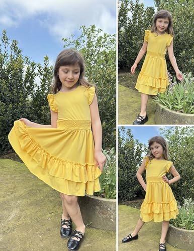 Image of Arshiner Girls Dresses Flutter Sleeve A-Line Sundress Casual Summer Tiered Swing Midi Pocket Dress