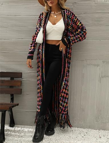 CXINS Women Boho Long Cardigan Sweater Long Sleeve Open Front Fringe Tassel Hem Colorful Rainbow Knit Maxi Sweaters Coat3
