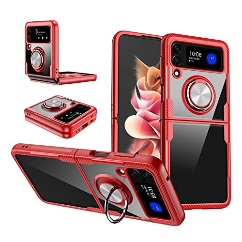 BrynnShop Handyhülle für Samsung Z Flip 3 Hülle mit Ring Transparente Galaxy Z Flip 3 Schutzhülle Silikon Bumper + Clear PC Stoßfest Hülle mit 360-Grad Ring Magnetische KFZ-Halterung (Rot,Z Flip3) Cover