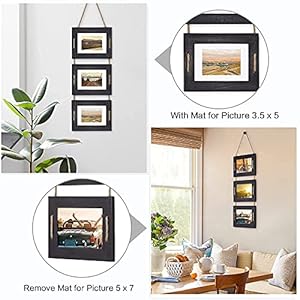 DLQuarts 5×7 Hanging Picture Frames Collage Wall Decor 3 Opening Photo Frames 5×7 Without Mat 35×5 with Mat Rustic Wood 3 Frame Weathered Black