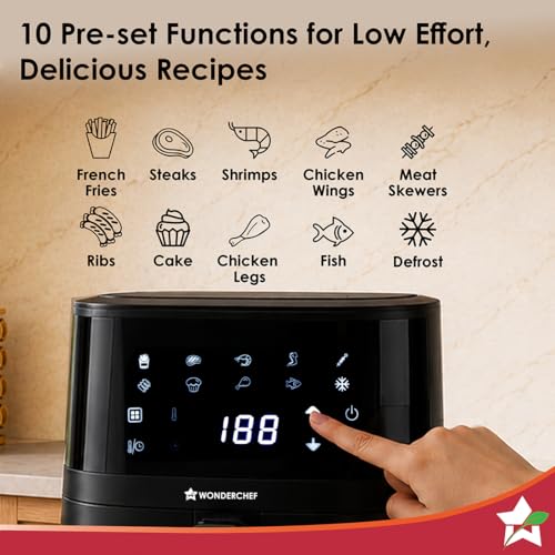 Image of Wonderchef Platinum Digital Air Fryer for Kitchen, 4.5L, 1350W, Rapid Air Technology, 10 Pre-Set Functions, Temperature and Time Control, Automatic Shut-Off, 2-Yr Warranty