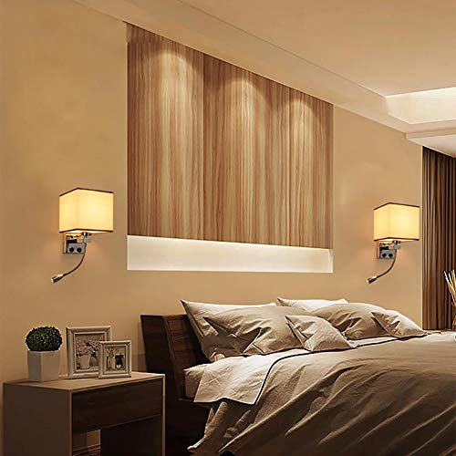Set of 2 Swan Neck Reading Lamps Warm White LED Bedside Light with Fabric Shade E27 Wall Sconce for Bedroom Hallway Restaurant Bei Color (Lin)