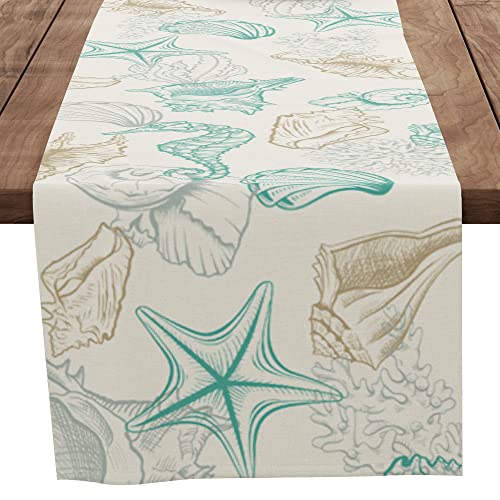 Beach Theme Table Table Runner Decorative, Blue Shell Table Runner Decorations For Dinning Room Kitchen Dresser Decor For Party Holiday, Housewarming Gifts For Women Couple New Home, 13X72 Inches #TOP11