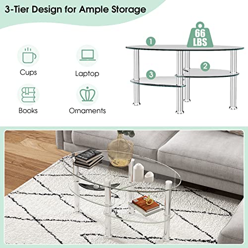 Costway Tempered Glass Coffee Table, 3-Tier Sofa End Table With Metal Tube Legs And Open Shelves, End Table For Living Room, Modern Oval Tea Table For Living Room Office (Transparent) #TOP6