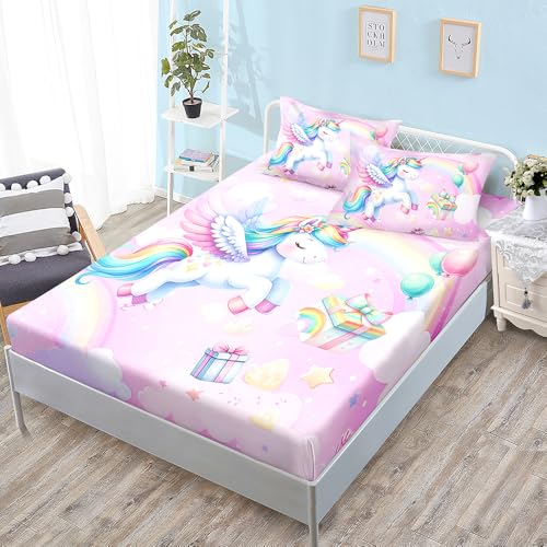 Bed Sheets Unicornio Rosa Amarillo Colchon 150 Microfibra Cubre Funda Colchon 150x200 Transpirable Sabana Bajera Lavable Juego de Cama 30cm Profundidad Mattress Protector