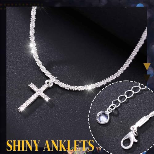 Image of Yalice 925 Sterling Silver Ankle Bracelets for Women Dainty 14K Gold Plated Anklets Set Shiny Waterproof Ankle Chain Cross Beach Foot Jewelry Gifts