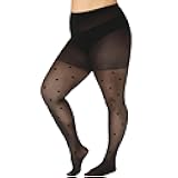 Polka Dot Plus Size Tights for Women, 40D Patterned Tights High Waist Control Top Black Sheer Pantyhose