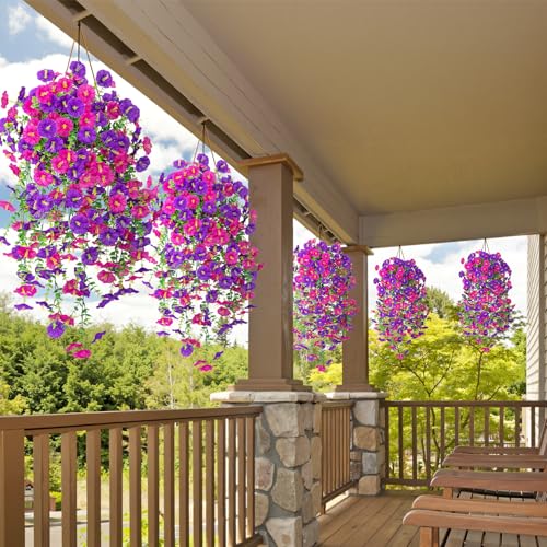 Image of Bassion 2 Packs Artificial Hanging Flowers for Outdoors, Purple Fuschia