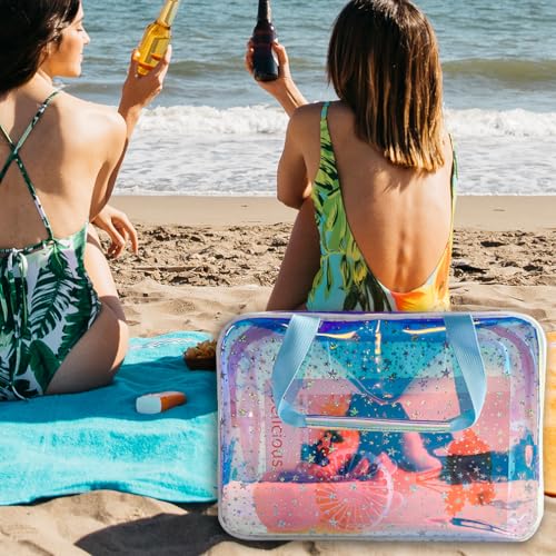 TotePrint TPU Holografisch Blau Durchsichtiger Stern Großer Kosmetikbeutel und Reisetasche mit Griff, langlebiges TPU-Material, Reißverschluss-Design - Ideal für Make-up, Reise-Essentials