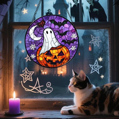 Image of Stained Glass Window Hanging Halloween Horror Pumpkin 11.8 inch - Suncatcher Door Garden Sunroom Gothic Style Ghost Bat Sun Catcher Birthday for Friend Mom Men Woman Nana
