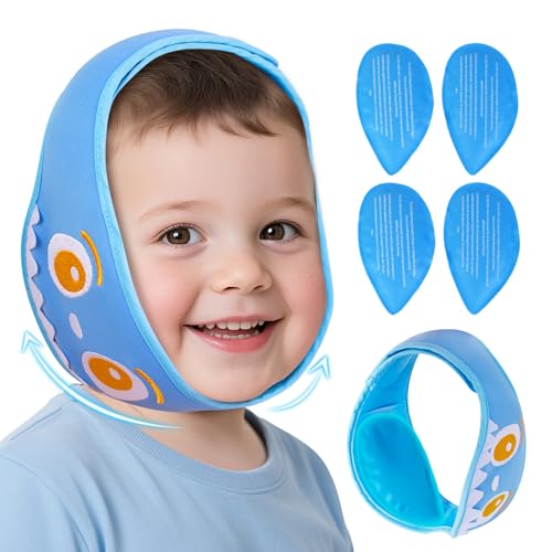 NEWGO Kids Tonsil Recovery Ice Pack, Cute Wisdom Teeth Ice Pack Head Wrap with 4 Reusable Hot & Cold Gel Packs for Wisdom Teeth, Kid-Friendly Gel Ice Wrap for Post-Tonsil and Dental Recovery - Blue