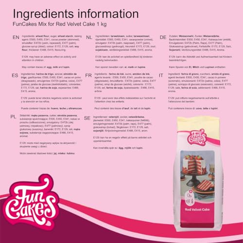 FunCakes Mix für Red Velvet Cake - Einfach zu verwendender Backmischung, schön weicher und flauschiger Kuchen mit leichtem Schokoladengeschmack - 1 Kg