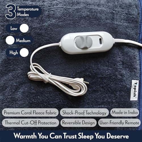 Image of Tapish Coral Electric Blanket - Single Bed Warmer for Mild Winters - ISO:9001 Certified (5 Years Warranty on Remote, Coral Fleece, Grey, 30x60 inches, Reversible)
