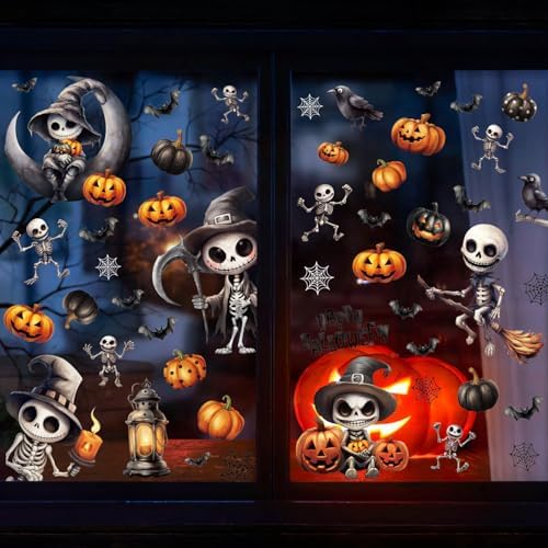 51XrvMdLBAL._AC_ CCINEE 8 Sheets Scary Skeleton Halloween Window Stickers Double Sided Skeleton Bat Pumpkin Gel Window Stickers for Halloween Party Glass Sticker Interior Mirror Wall Decoration