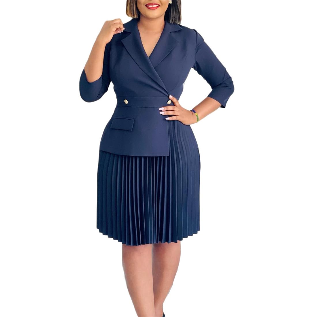 Womens Lapel Neck Breasted Blazer Dress Business Elegant 3 4 Sleeve Solid Color Pleated Midi Dresses