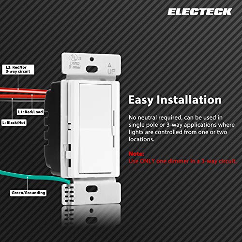 10 Pack - ELECTECK Single Pole/3 Way Dimmer Light Switch for Dimmable LED/Halogen/Incandescent Bulbs, Universal Lighting Control, Screwless Wallplate, UL Listed, White - Thumbnail 3