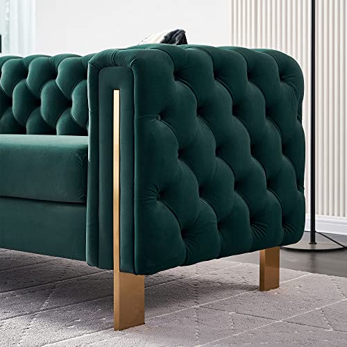 Image of KEIKI 84 inch Chesterfield Velvet Tufted Button Sofa with Removable Cushions and 2 Toss Pillows, Modern 3-Seater Couch with 4 Gold Metal Legs, Easy Assembly, for Living Room, Bedroom, Apartment, Green