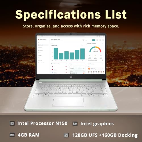 Image of HP Flagship 14 inch HD Student&Business Laptop, 13th Gen Intel 4-Core, 4GB RAM, 288GB Storage (128GB UFS + 160GB Docking Station), 1 Year Office 365, AI Copilot, Wi-Fi 6, Win 11 S, Willow Green
