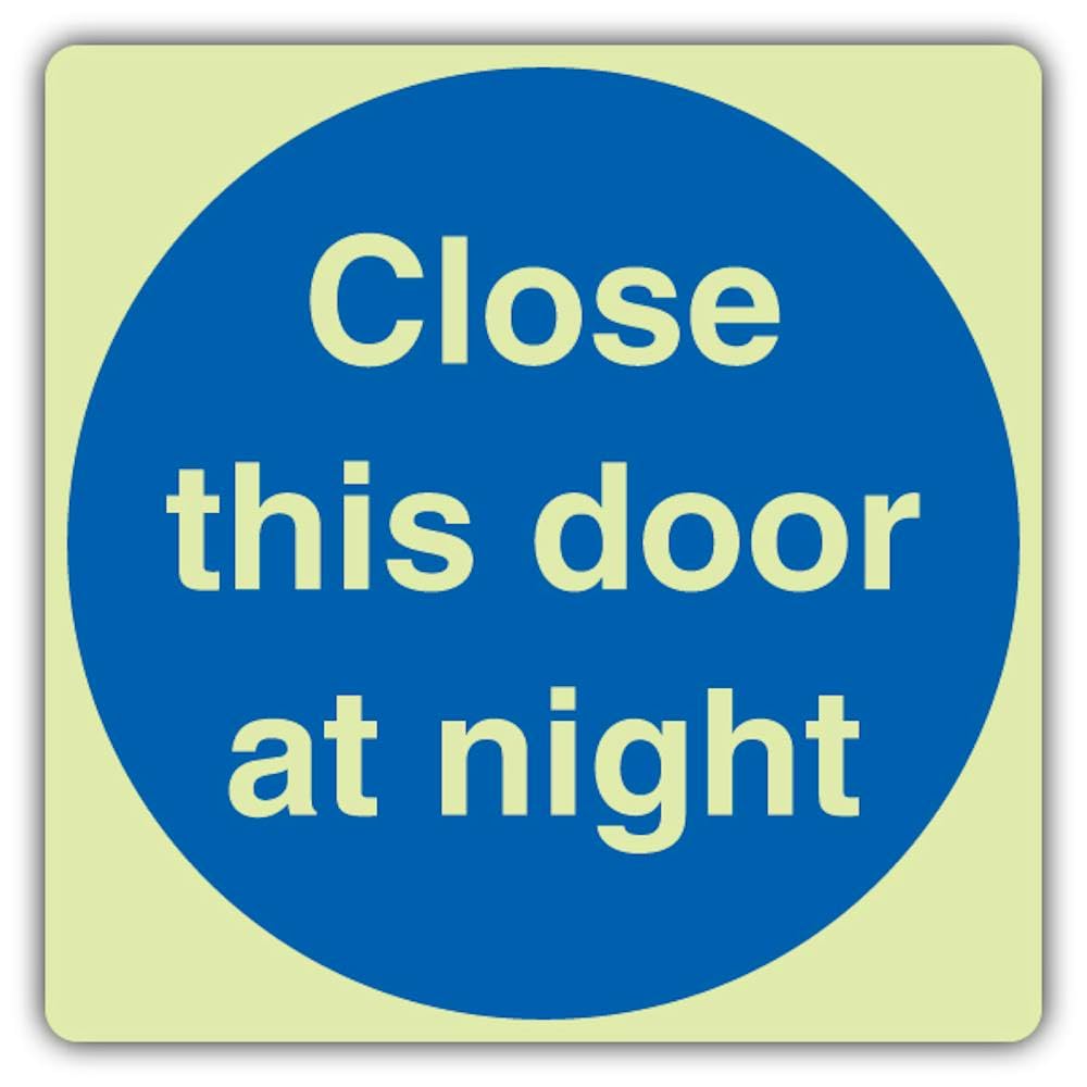 V Safety - Señal de seguridad que brilla en la oscuridad cierra esta puerta por la noche, formato cuadrado, 450 x 450 mm, hecha de vinilo autoadhesivo de doble brillo, señalización de seguridad