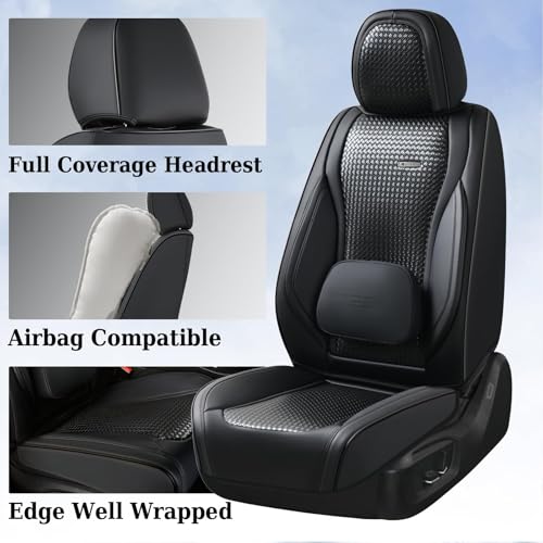Image of Coverado Car Seat Covers Full Set, Black Seat Covers for Cars, Waterproof Nappa Leather Automotive Seat Covers with Lumbar Head Pillow, Car Seat Protectors, Universal Fit for Most Cars SUV