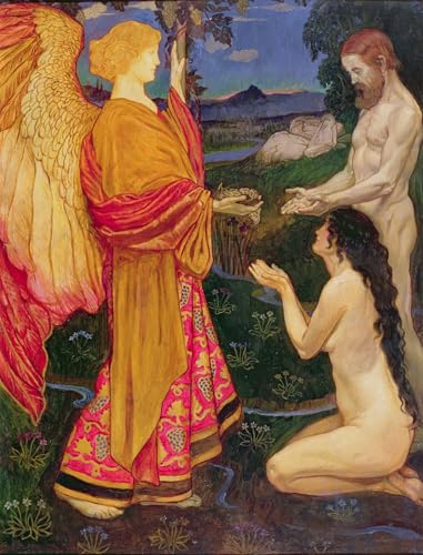 ARRTTLSS Vintage Lienzo Pintura Famosa Pintura Reproducción Modernos Cuadro el ángel ofreciendo los frutos del jardín del Edén a Eva y Byam Liston Shaw para la Decoración de la Sala de Estar 60x90cm