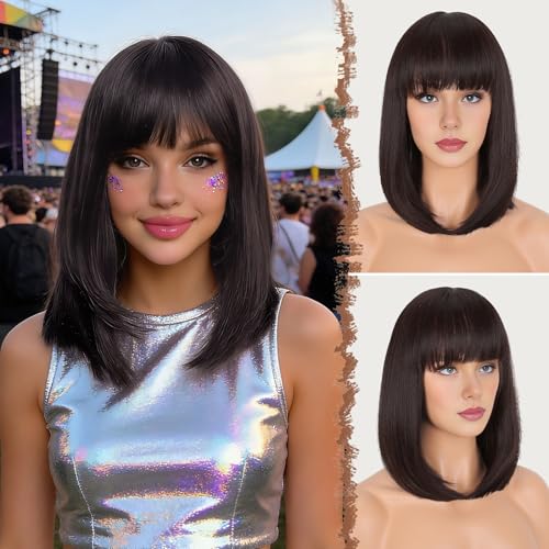 FESHFEN Peluca Negro Marrón Corta con Flequillo para Mujeres Pelucas Sintéticas de Longitud Media con Flequillo Pelucas de Cabello Liso Diario 35cm