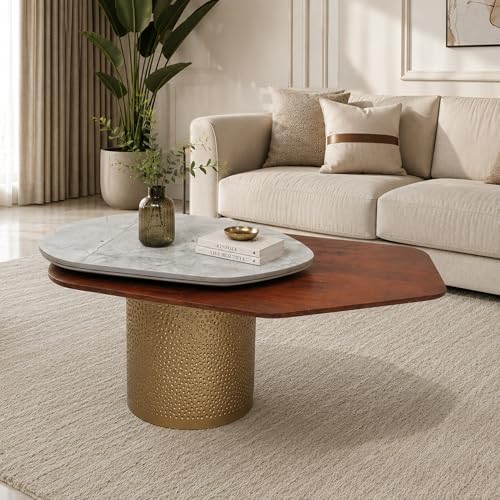 Image of The Attic Dotsy Coffee Table, Coffee Table for Living Room, Rovolving Marble top, Gold & Teak,Grey Finish