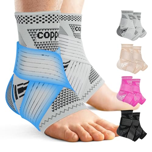 DRNAIETY Copper Ankle Brace for Men &amp; Women - 1 Pair Adjustable Ankle Support Compression Sleeve for Plantar Fasciitis, Achilles Tendonitis, Foot Pain, Swelling, Sprains - Everyday Use (Grey, Small)